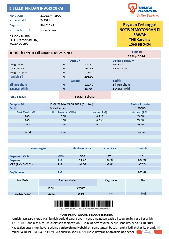 Malaysia Tenaga Nasional electricity business utility bill template in Word and PDF formats